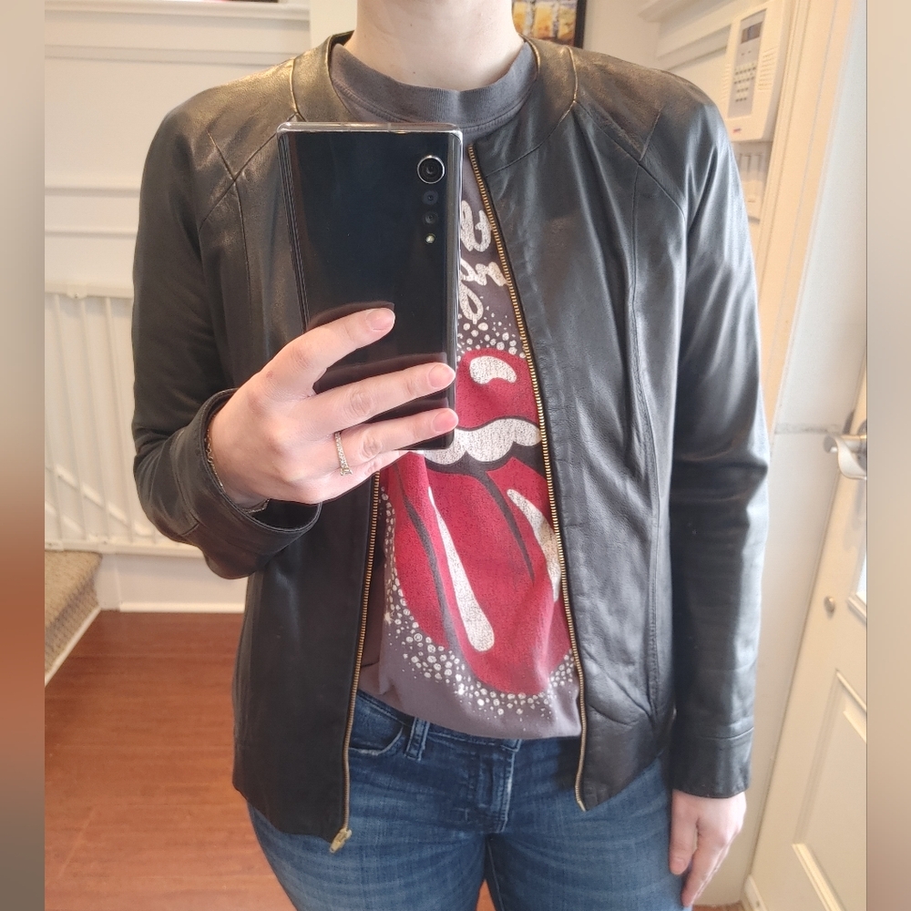 T by Alexander Wang Black Collarless Leather Jacket Size Medium